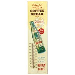 7Up door push, porcelain "fresh up with Seven-Up", Exc cond, 3"H x 31.5"W & Sun-Drop Cola metal ther