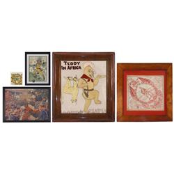 Political items (5), all Theodore Roosevelt, Teddy And The Lions cdbd puzzle card, colored litho "Wh