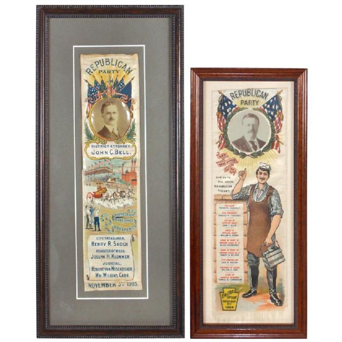 Political Republican Party ribbons from 1903 & 1904, silk ribbon w ...