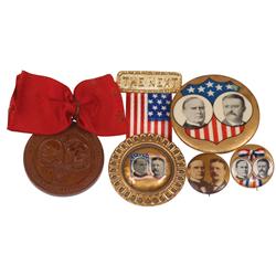Political items (5), McKinley/Roosevelt "The Next" badge w/flag ribbon & 1.5" cello jugate in filigr