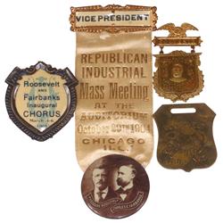 Political items (4), Roosevelt/Fairbanks Inaugural Chorus-March 1906, 1905 cello in metal badge, 190