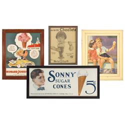 Ice cream sign & ads (4), 1929 m-m-m Chocolate framed ad, 10.75"H x 7.75"W, kissing children w/ice c