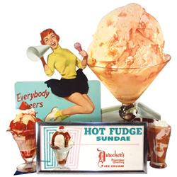 Ice cream signs (5), F.W. Woolworth Co. heavy cdbd ice cream soda diecut, 10"H x 7.5"W, F.W. Woolwor