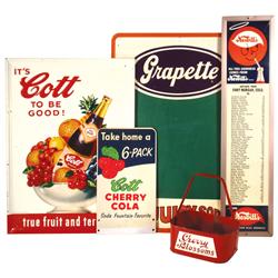 Soda fountain items (5), Nesbitt's "Distance from Fort Morgan, Colo" mileage sign in metal frame, 29