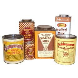 Soda fountain tins (6), all litho on metal, All-In-One malted milk, J. Hungerford Smith's Marshmallo