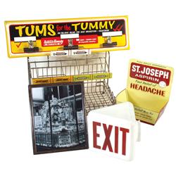Drug store items (5), Wrigley's Gum framed display photo,10.25"H x 8.25"W, white milk glass Exit sig