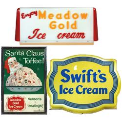 Ice cream signs, Swift's molded plastic light-up, 16"H x 20"W, Meadow Gold Santa Claus Toffee, frame
