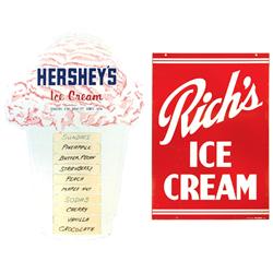 Ice cream signs (2), Hershey's metal flavor board w/spaces for 10 flavor inserts, 34"H x 24"W & Rich