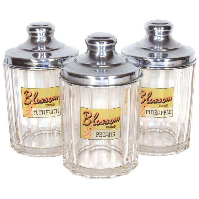 Soda fountain condiment jars (3), heavy glass jars w/domed metal lids