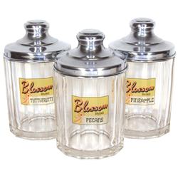 Soda fountain condiment jars (3), heavy glass jars w/domed metal lids & decals for Pecans, Pineapple