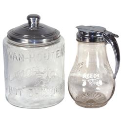 Soda fountain items (2), Reed's Butter Scotch Topping pitcher & embossed Van Houten's Hot Chocolate 