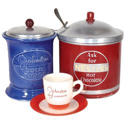 Soda fountain items (3), Johnston Cold Fudge stoneware dispenser w/ladle, Nestlé's Hot Chocolate met