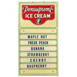 Pensupreme Ice Cream flavor board, mfgd by Permanent Sign & Display Co., Reading, PA, a litho on tin