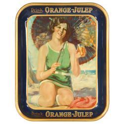 Orange-Julep serving tray featuring girl on beach w/umbrella, colorful litho on tin, Exc cond, 13"H 