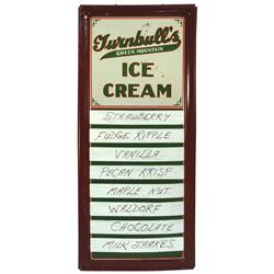 Turnbull's Green Mountain Ice Cream flavor board, litho on tin, VG cond w/minor scratches, 19"H x 8.