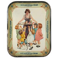 Gold Nugget Ice Cream serving tray, litho on tin, shows pretty lady serving treats to children, Exc 