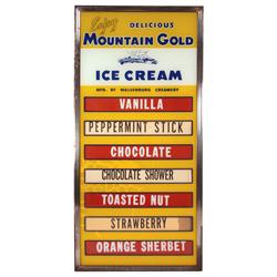Mountain Gold Ice Cream flavor board, glass front w/metal frame, openings in back to change flavors,