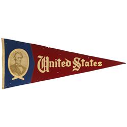 Political pennant, Abraham Lincoln, red, white & blue felt w/sepia-toned cloth portrait, VG cond w/s