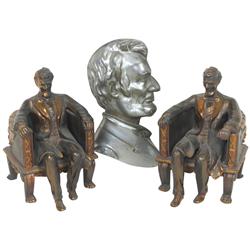 Political bookends & bust, Abraham Lincoln heavy cast metal bookends w/Lincoln seated in chair, mfgd