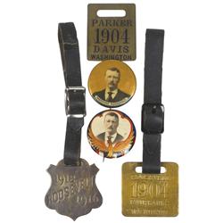 Political buttons & fobs (5), 1904 Roosevelt & Fairbanks brass watch fob w/orig leather strap, 1904 