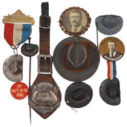 Political items (8), Theodore Roosevelt Rough Rider hat stickpins (2), Souvenir badge w/hat, Our Pre