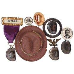 Political items (7), Theodore Roosevelt Rough Rider hats, member badge w/ribbon & metal hat, T.R. co