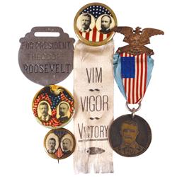 Political items (5), Roosevelt/Fairbanks 1.25" cello jugate w/Eagle/flag background & orig backpaper