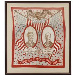 Political Theodore Roosevelt & Fairbanks 1904 portrait bandana w/eagle & flags, prof matted & framed