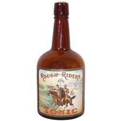 Political items (6), all Theodore Roosevelt, Rough Riders Tonic amber cork top bottle w/colorful pap