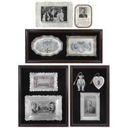 Political items (9), Theodore Roosevelt litho on aluminum bookmarks (2), advertising trays, photo po