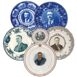 Political portrait plates (6), McKinley & Roosevelt 5.5" milk glass plate, 9" plate w/Presidential S