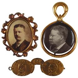 Political items (3), Roosevelt/Fairbanks 1904 brass eyeglass pin, oval cello pin in filigree frame &