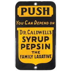 Dr. Caldwell's Syrup Pepsin porcelain push plate, cobalt blue & yellow, Exc cond, 6.5"H x 4"W.