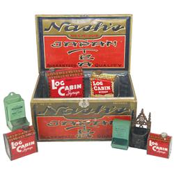 Nash's Japan Tea counter display box, (4) Log Cabin Syrup tins, Walnut Fruit & Grocery Co.-Walnut, I