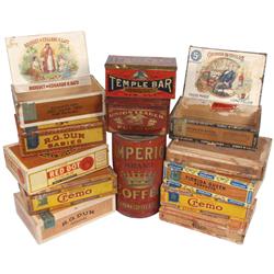 Tobacco tins, coffee tins & cigar boxes (13): Imperio Brand Coffee 3 lb tin, Temple Bar Tobacco & Un