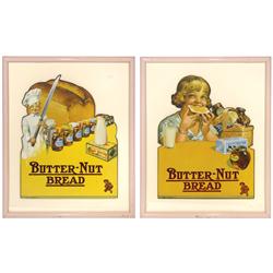 Butter-Nut Bread diecut cdbd signs (2), both w/colorful graphics, framed, Exc cond, 18"H x 15"W.