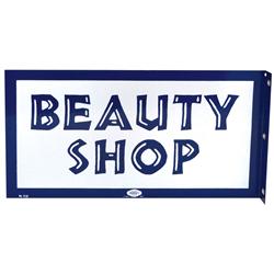 Beauty shop 2-sided porcelain flange sign, mfgd by William Marvy Co, St. Paul, Exc cond both sides, 