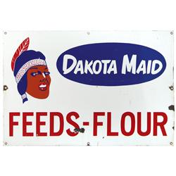 Dakota Maid Feeds-Flour porcelain sign w/Indian graphic, VG cond w/a few small losses, 24”H x 36”W.