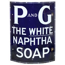 P and G Naphtha Soap curved porcelain sign, cobalt blue & white, VG cond w/some smaller chips, 24"H 