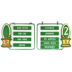 Drug store signs, Lucite, hung in aisles to show departments, c.1960's, VG cond, each is 20"H x 24"W