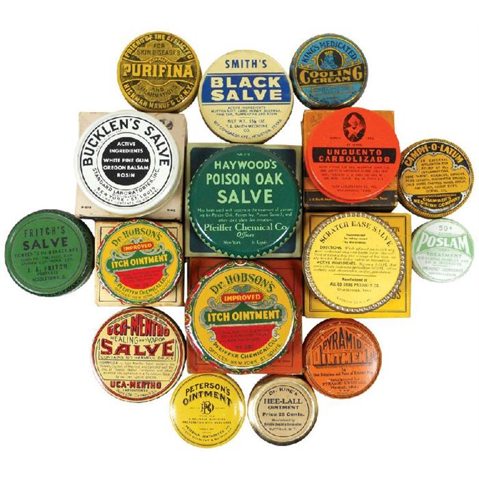 Medical ointments tins (16 ), includes Purifina, Dr. Hobson's Itch