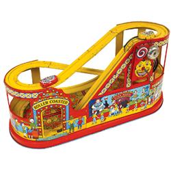 Toy roller coaster, mfgd by J. Chein & Co., metal w/2 passenger cars, VG cond, 10"H x 19"L.