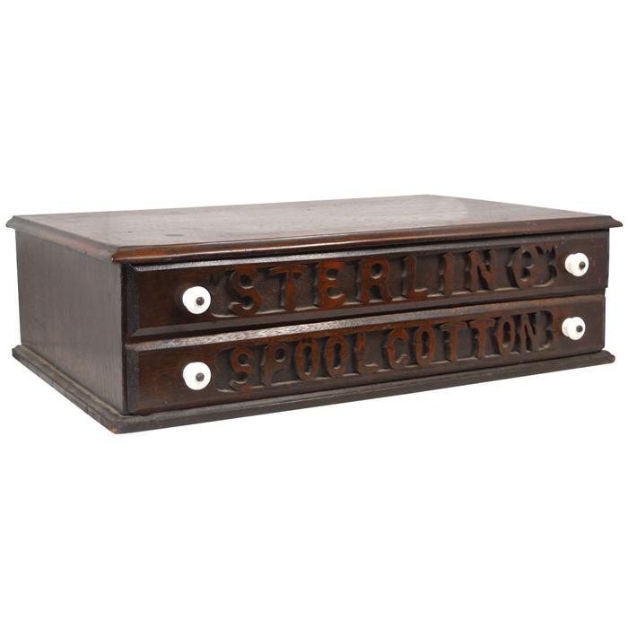 Spool Cabinet, Sterling Spool Cotton, walnut 2-drwr w/cut-out letters ...
