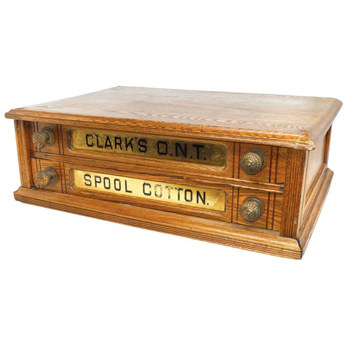 Spool Cabinet, Clark's O.N.T. Spool Cotton, 2 drawer oak w/brass knobs ...