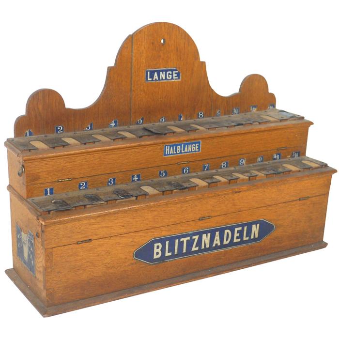Sewing needle cabinet, Lange Blitznadeln, oak case w/spring loaded ...