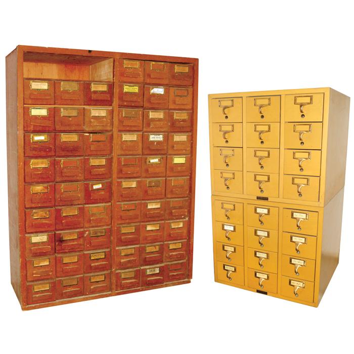 Library card cabinet, 2 stacked maple sections w/24 drwrs & 60 drwr ...