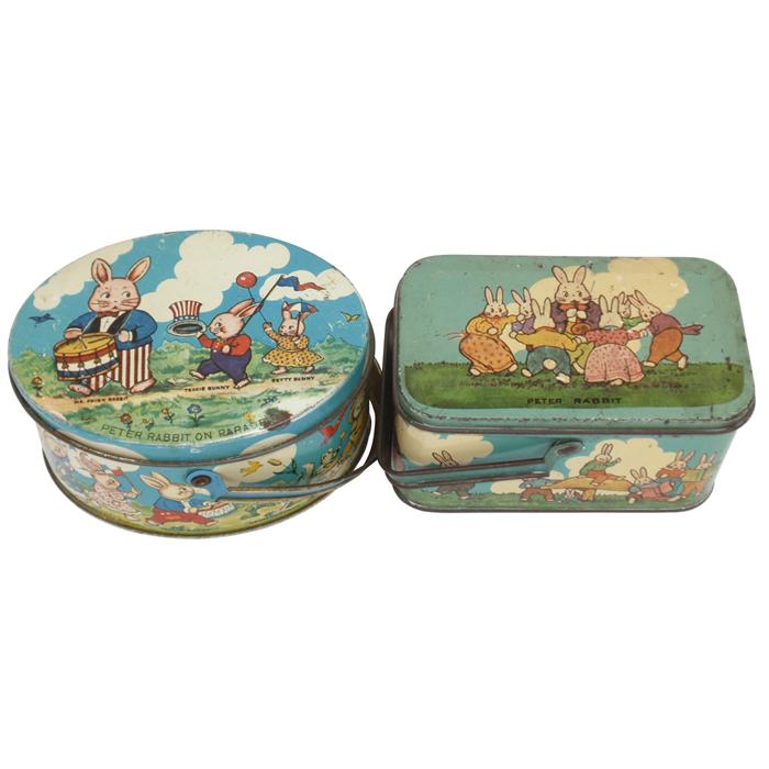 Child's Peter Rabbit candy tins (2), Peter Rabbit on Parade oval w ...