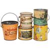 Image 1 : Child's peanut butter tins (5), Frontenag tin pail w/lid, Peter Pan round tin w/lid, Scowcroft's pai