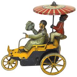 Toy, New Century Cycle, mfgd by Lehmann-Made in Germany, litho on tin windup, Black man holds umbrel