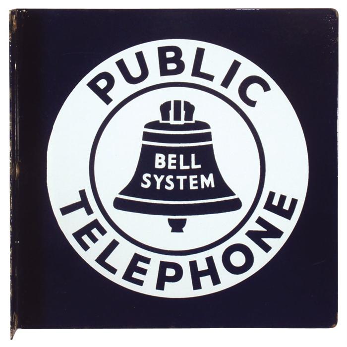 Bell System 2-sided porcelain flange sign w/mounting holes, Exc cond ...